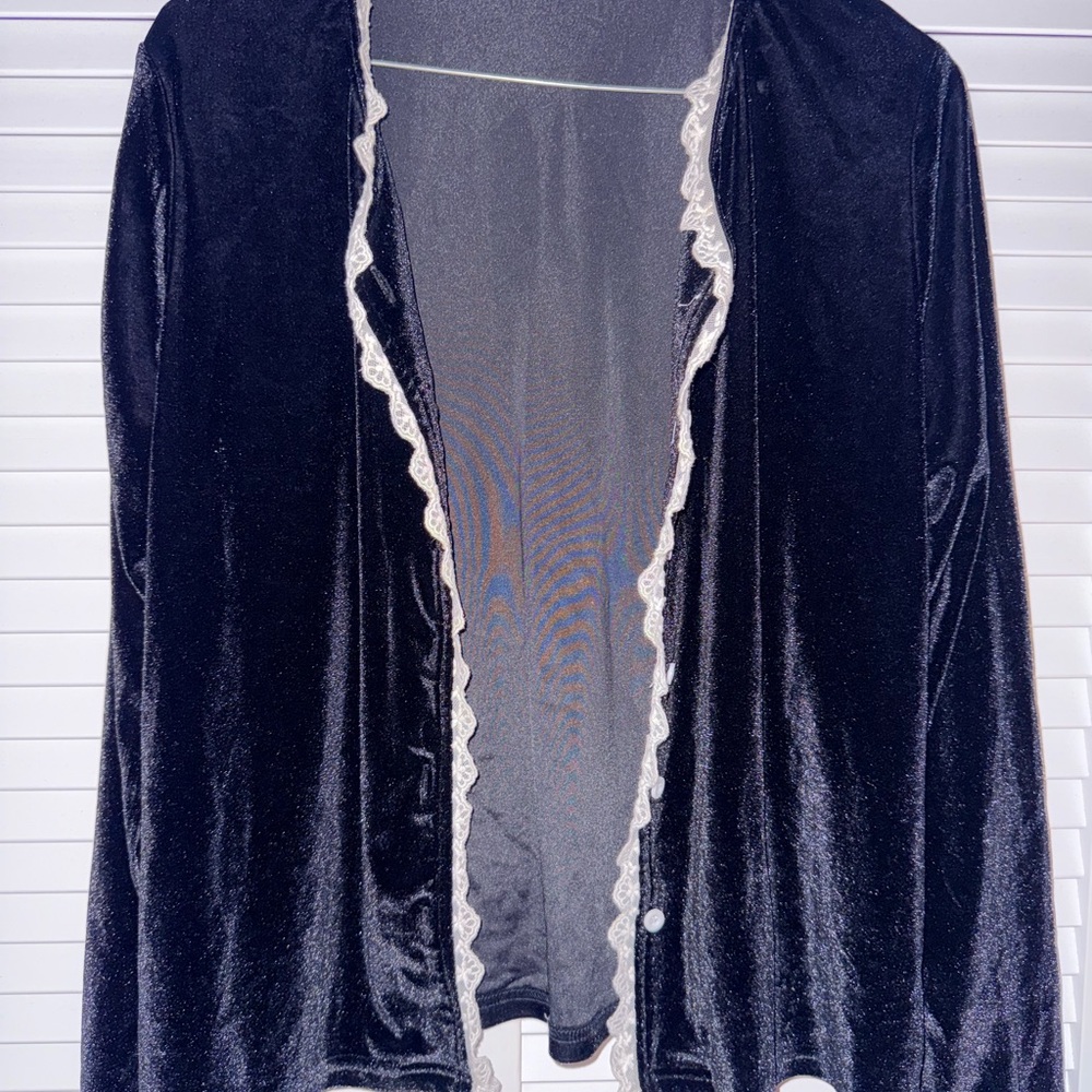 Black Velvet Cardigan with White Lace Trim
